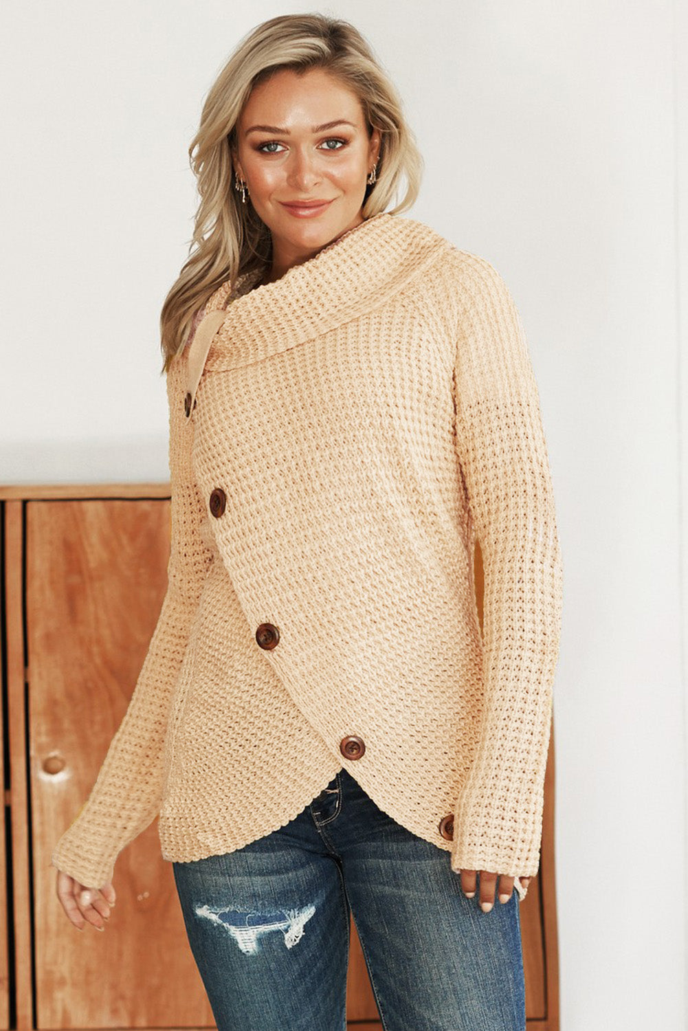 Beige Buttoned Wrap Turtleneck Sweater