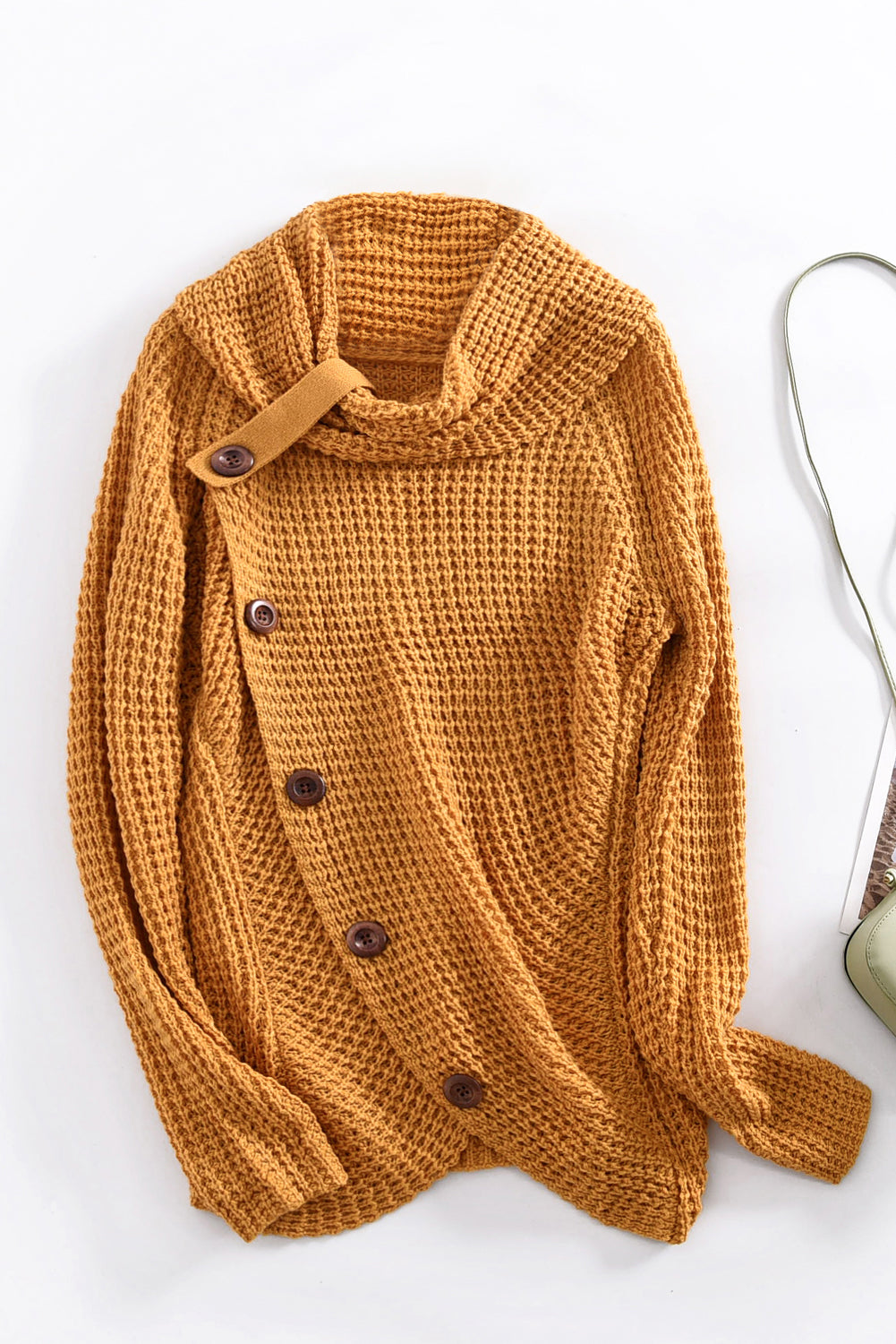 Beige Buttoned Wrap Turtleneck Sweater