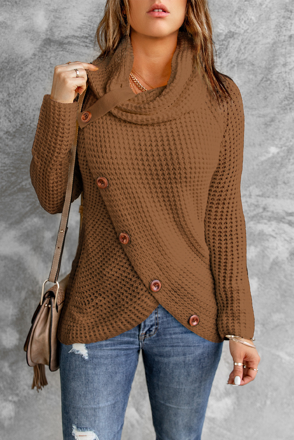 Beige Buttoned Wrap Turtleneck Sweater