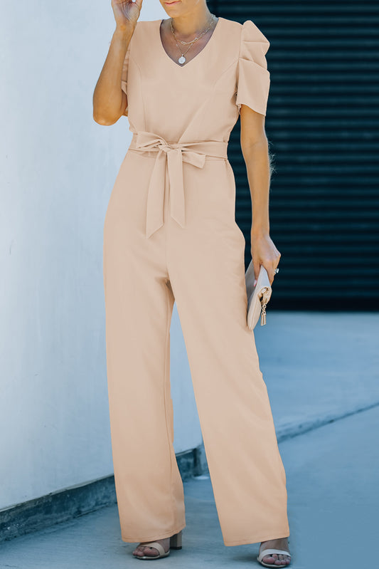 Apricot Straight Leg Knotted High Waist Short Sleeve Jumpsuit