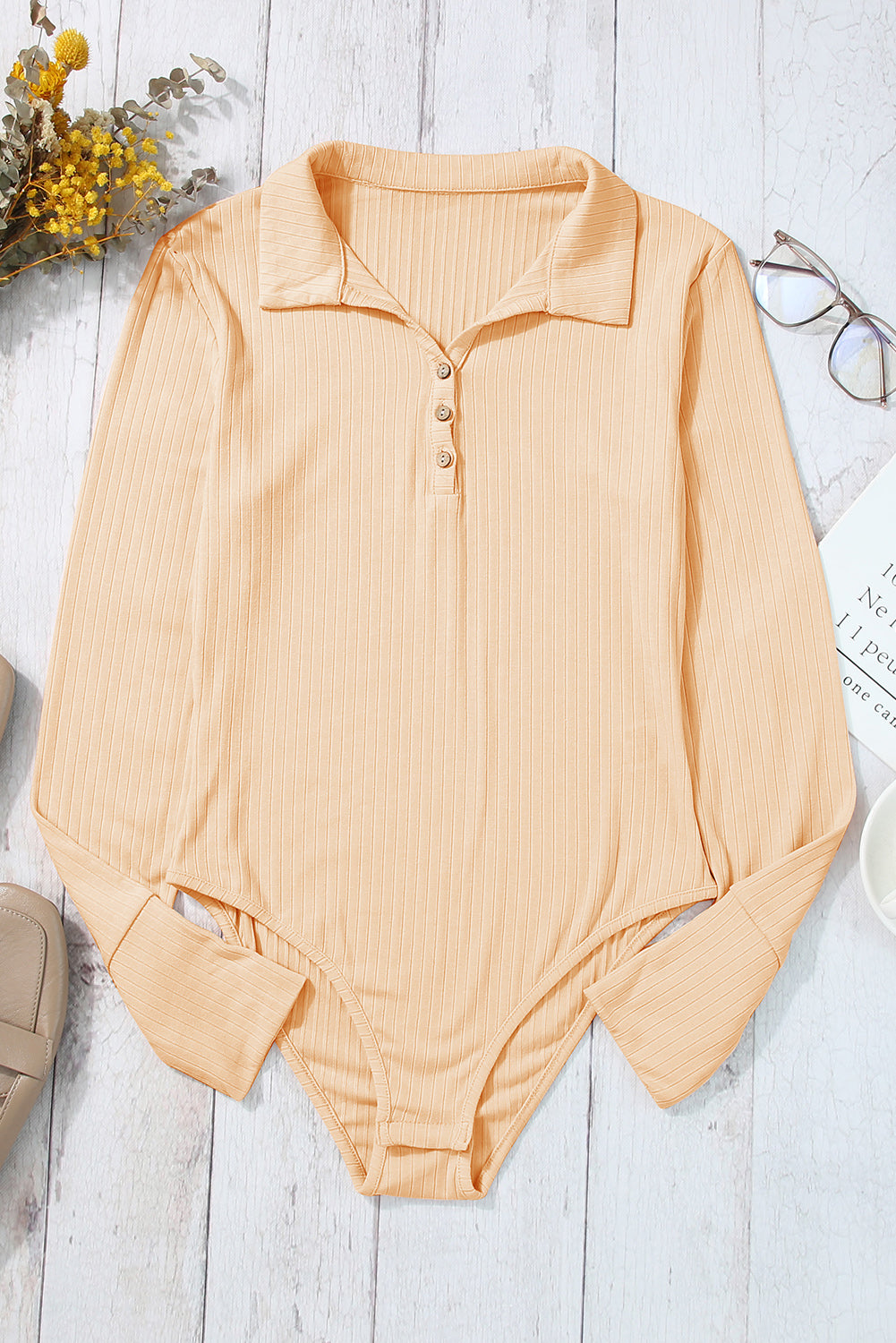 Apricot Collared Ribbed Long Sleeve Bodysuit