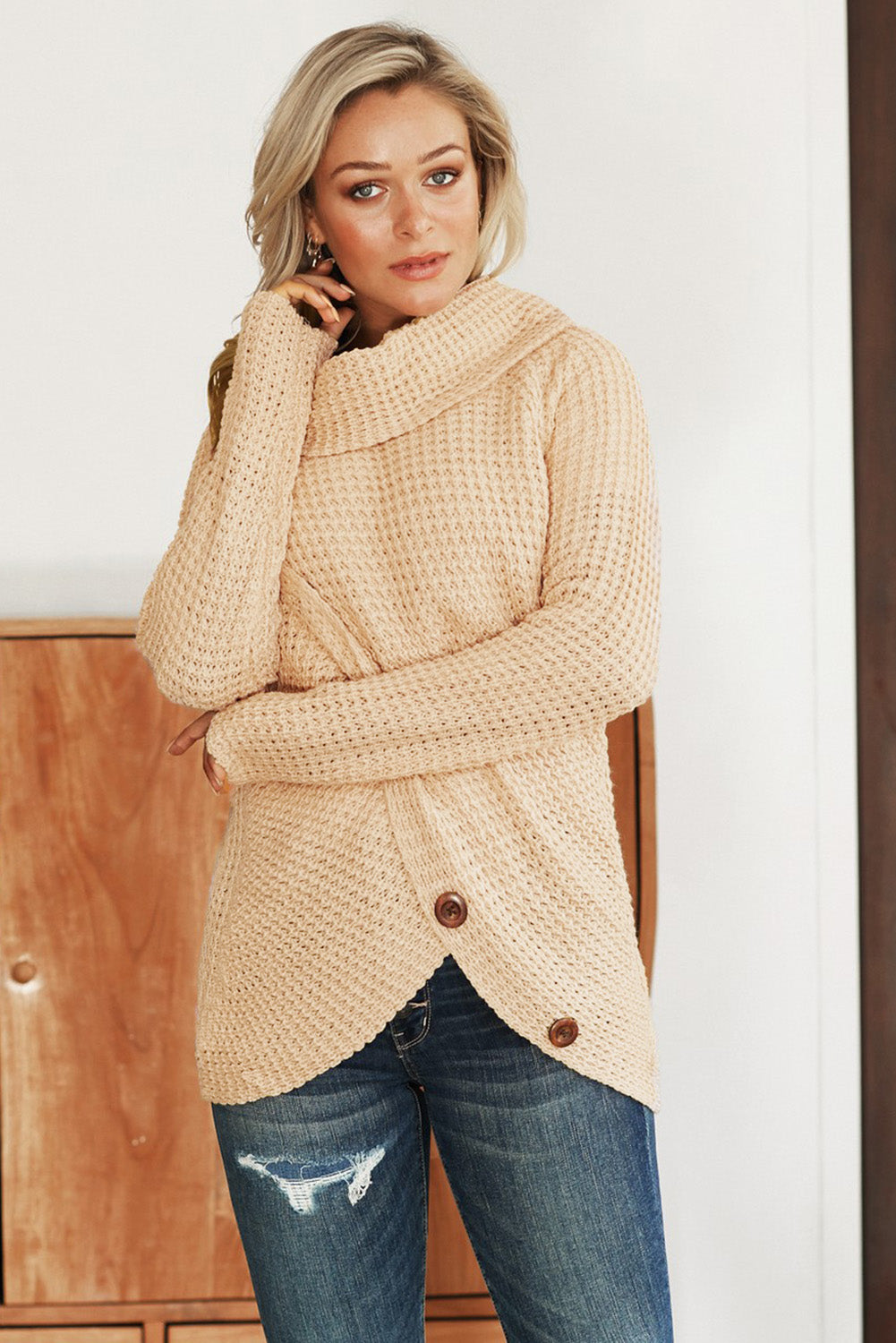 Beige Buttoned Wrap Turtleneck Sweater