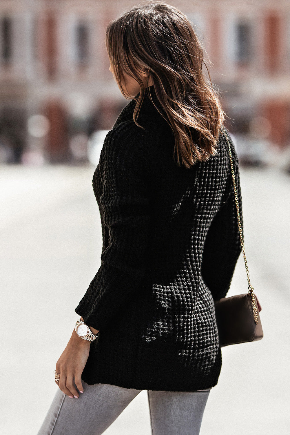 Beige Buttoned Wrap Turtleneck Sweater