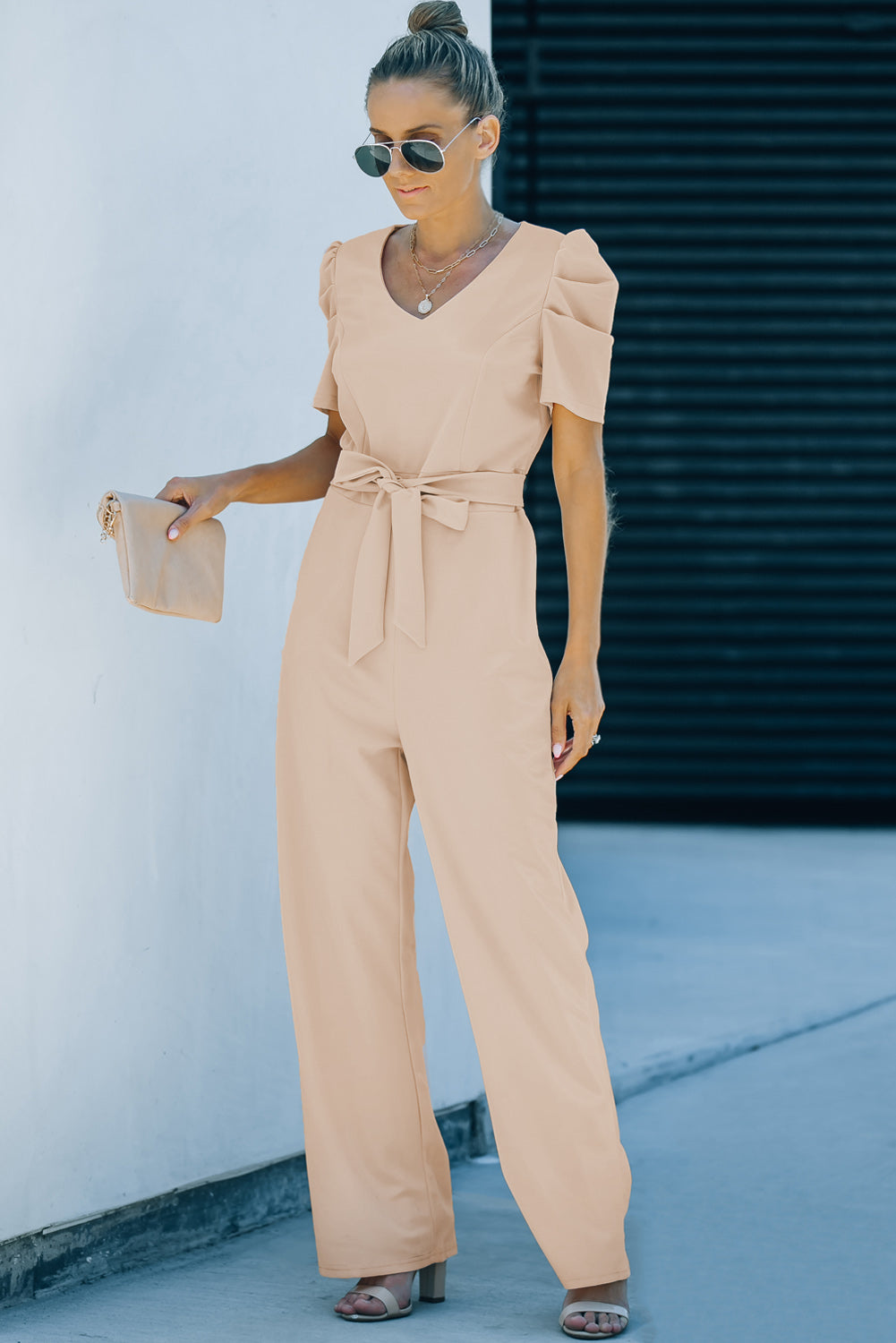 Apricot Straight Leg Knotted High Waist Short Sleeve Jumpsuit