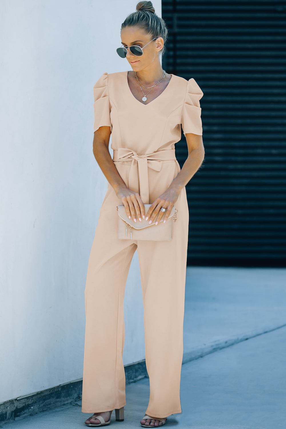 Apricot Straight Leg Knotted High Waist Short Sleeve Jumpsuit