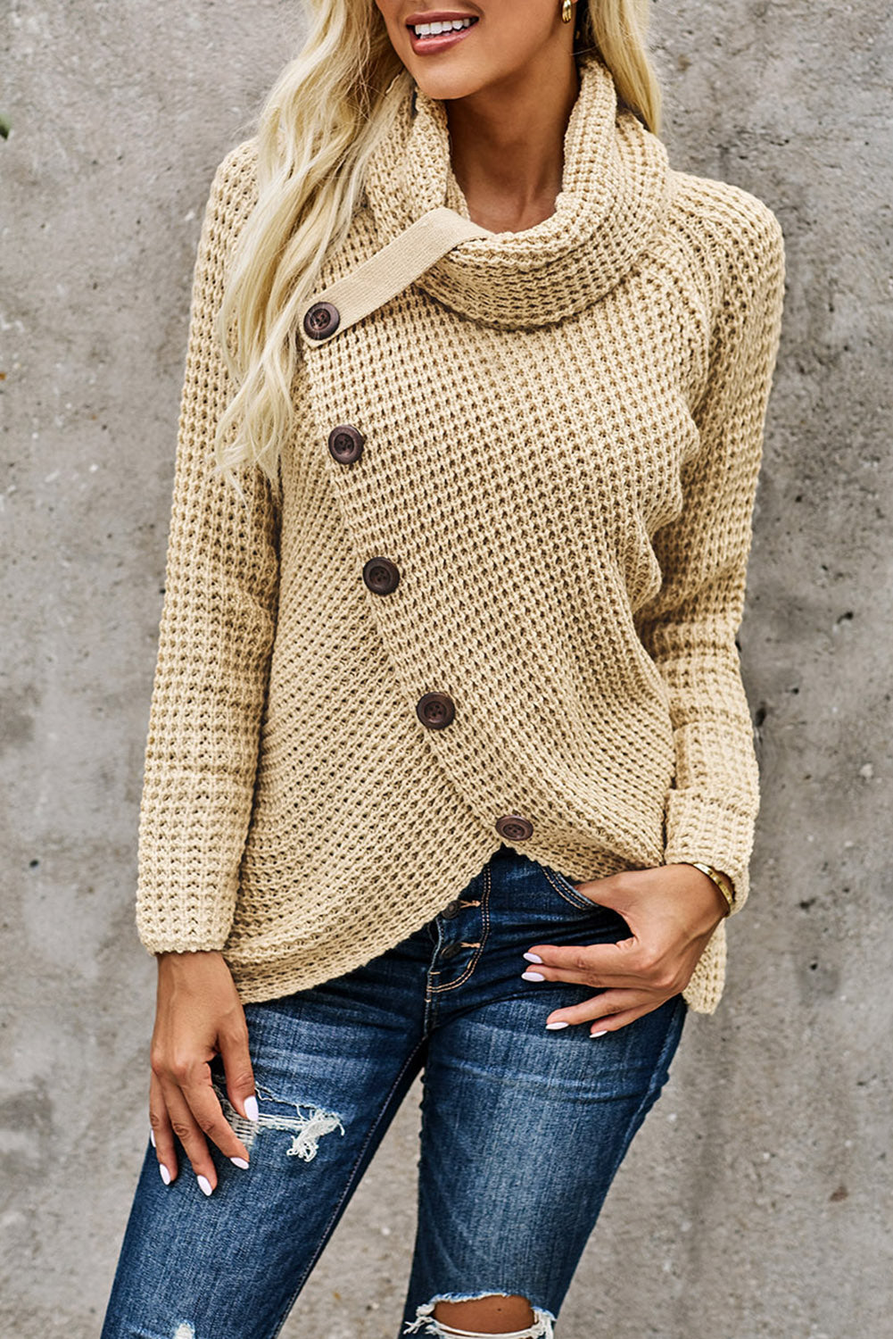 Beige Buttoned Wrap Turtleneck Sweater