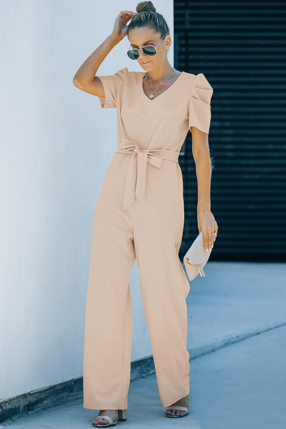 Apricot Straight Leg Knotted High Waist Short Sleeve Jumpsuit