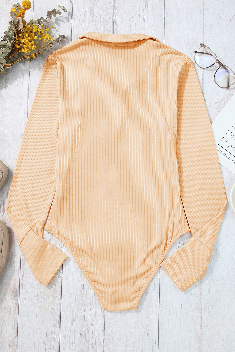 Apricot Collared Ribbed Long Sleeve Bodysuit