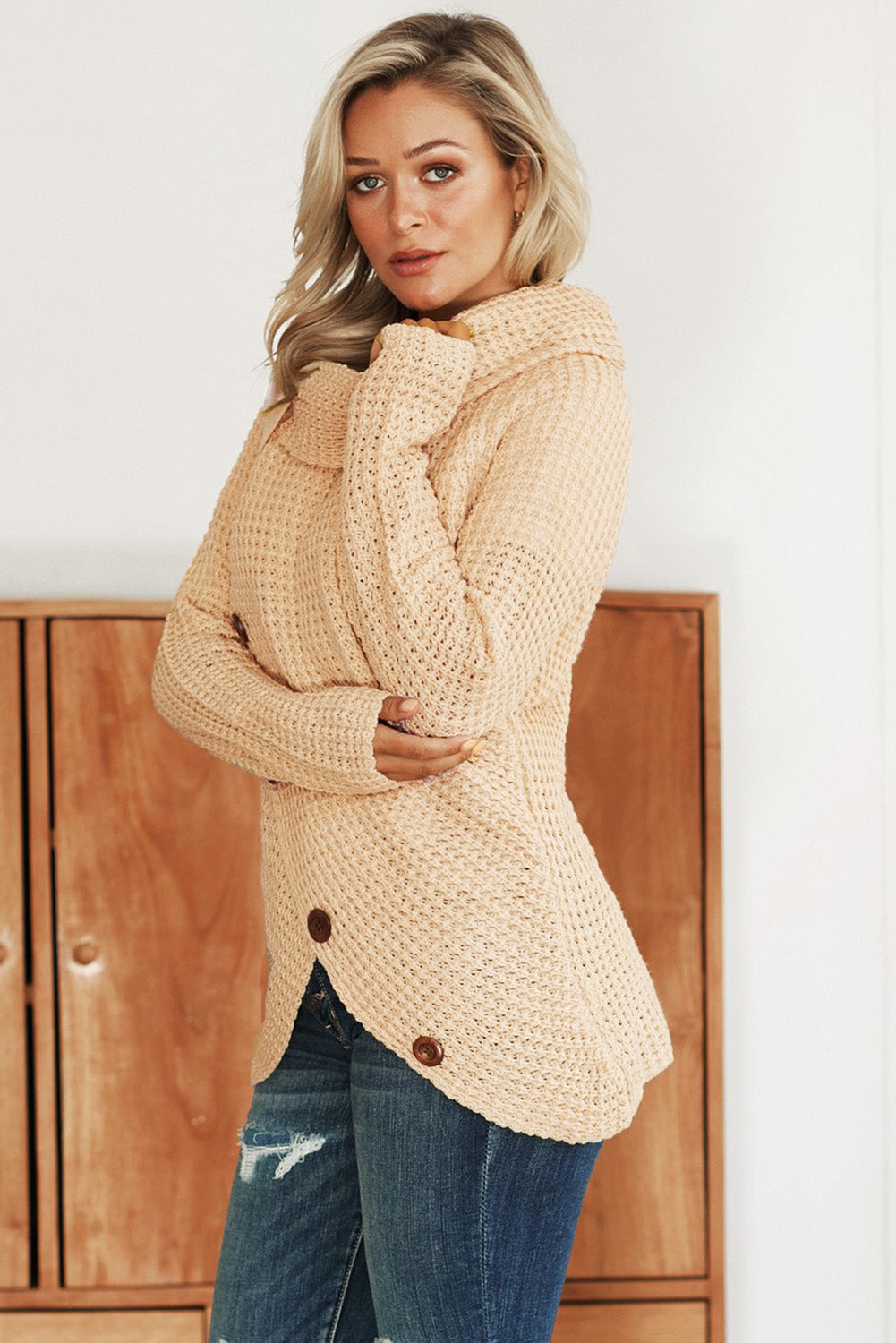 Beige Buttoned Wrap Turtleneck Sweater