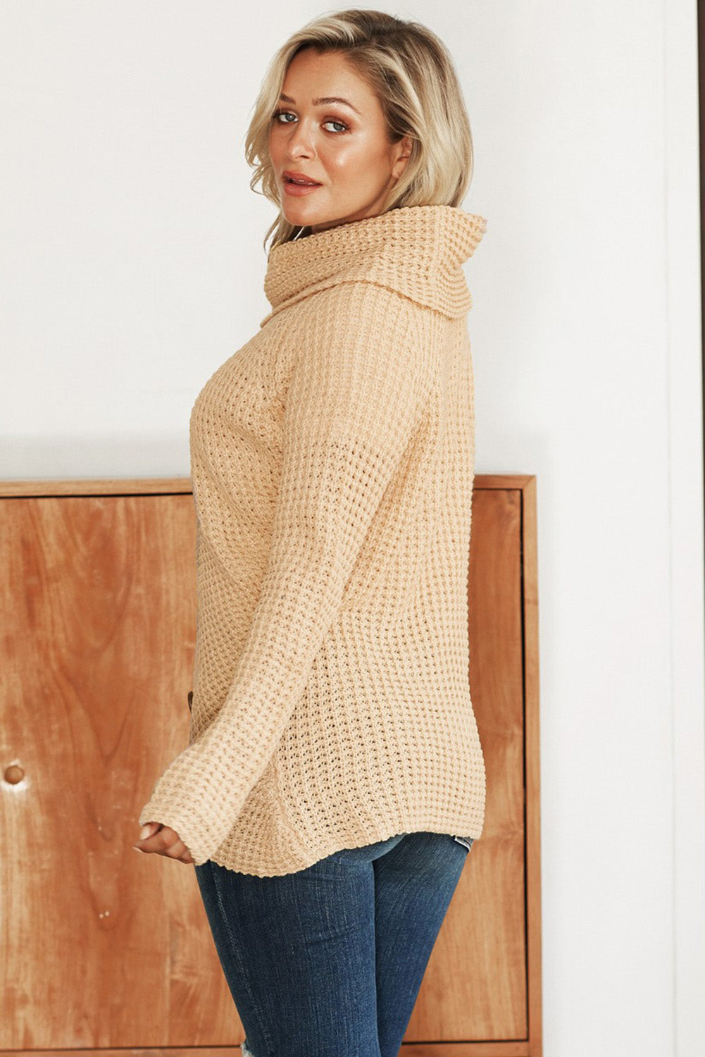 Beige Buttoned Wrap Turtleneck Sweater