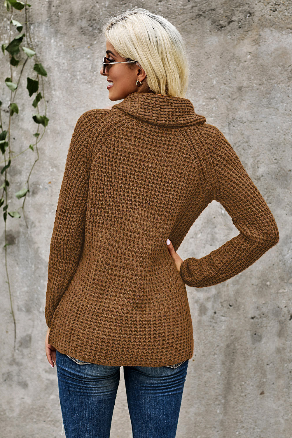 Beige Buttoned Wrap Turtleneck Sweater