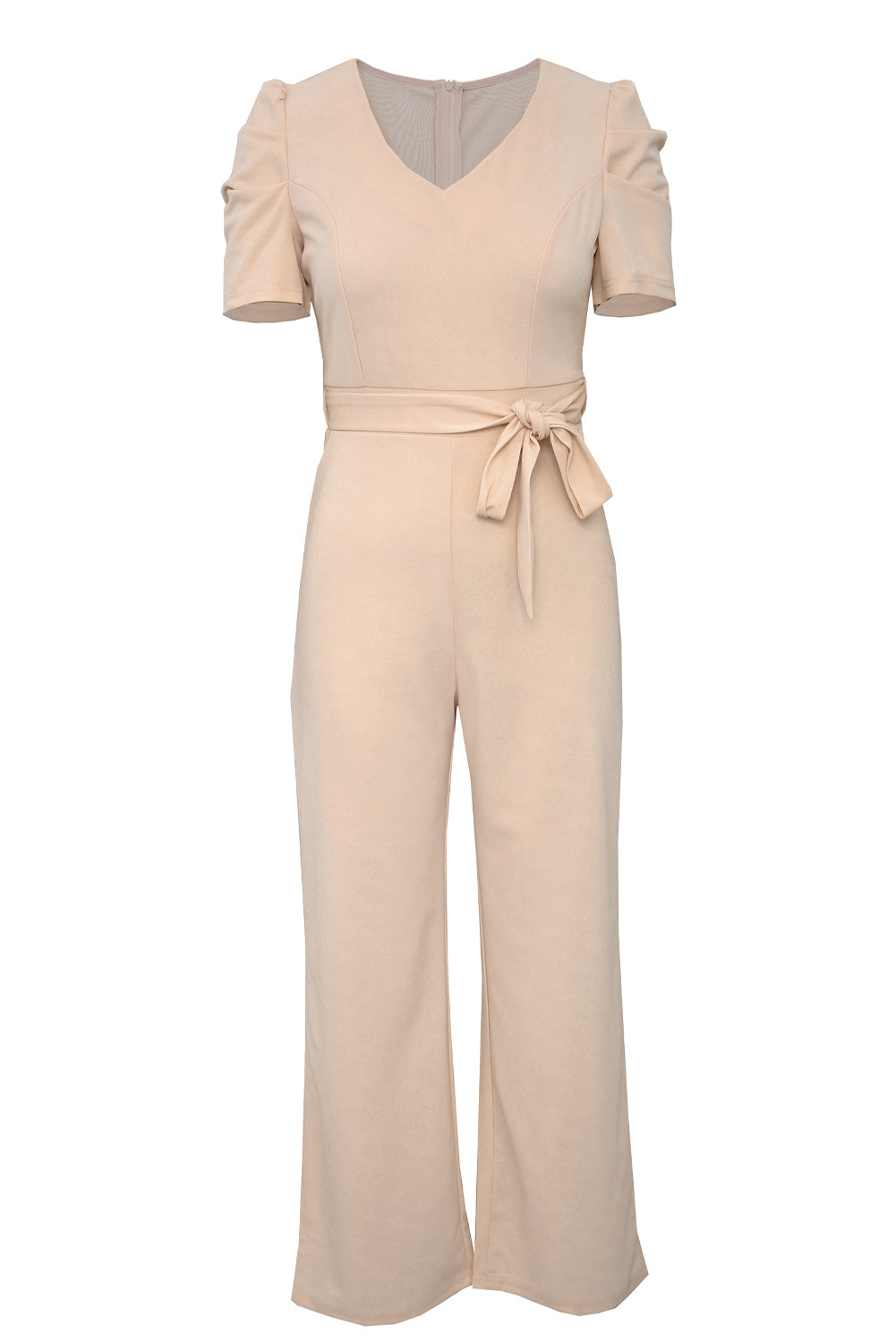 Apricot Straight Leg Knotted High Waist Short Sleeve Jumpsuit