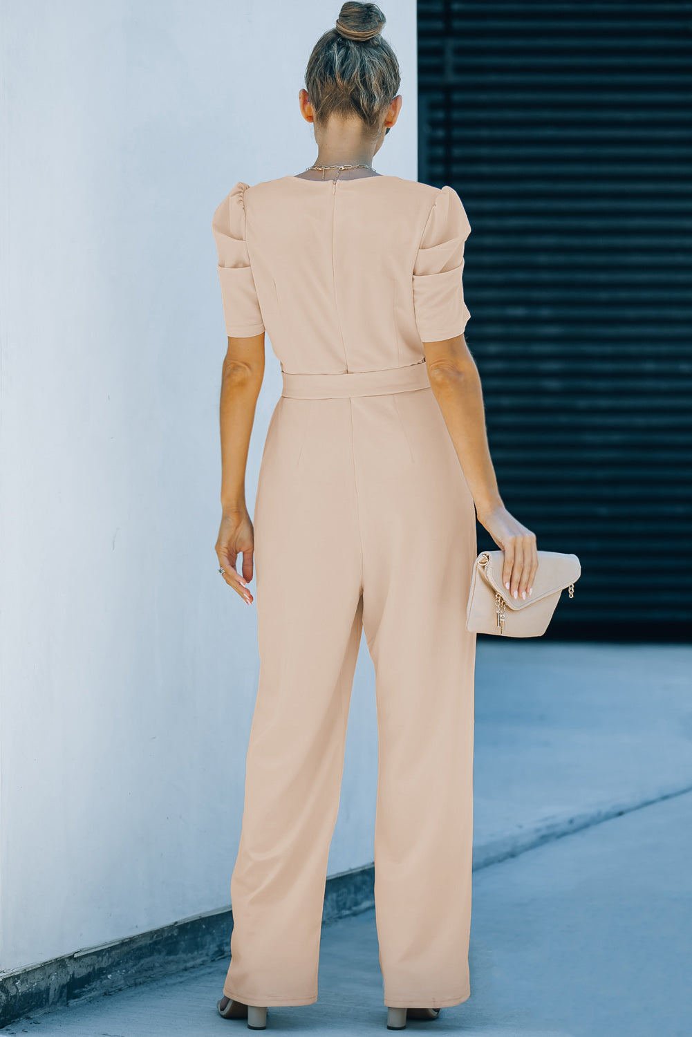 Apricot Straight Leg Knotted High Waist Short Sleeve Jumpsuit