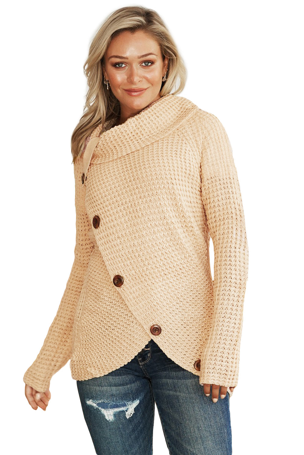 Beige Buttoned Wrap Turtleneck Sweater