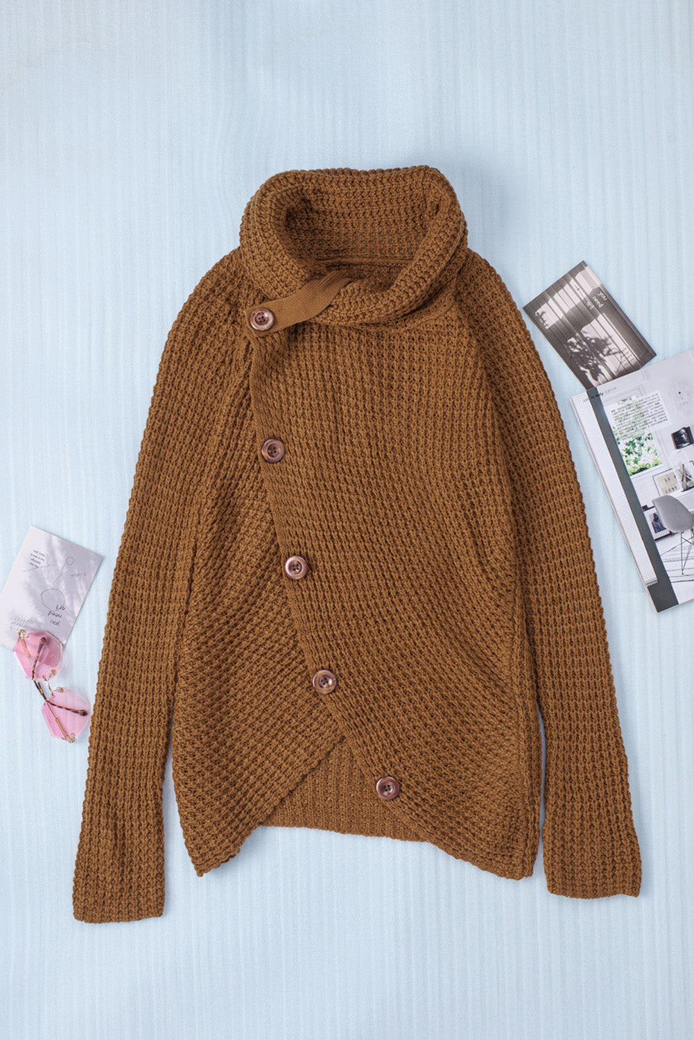 Beige Buttoned Wrap Turtleneck Sweater