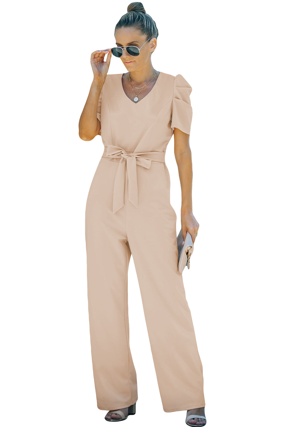 Apricot Straight Leg Knotted High Waist Short Sleeve Jumpsuit