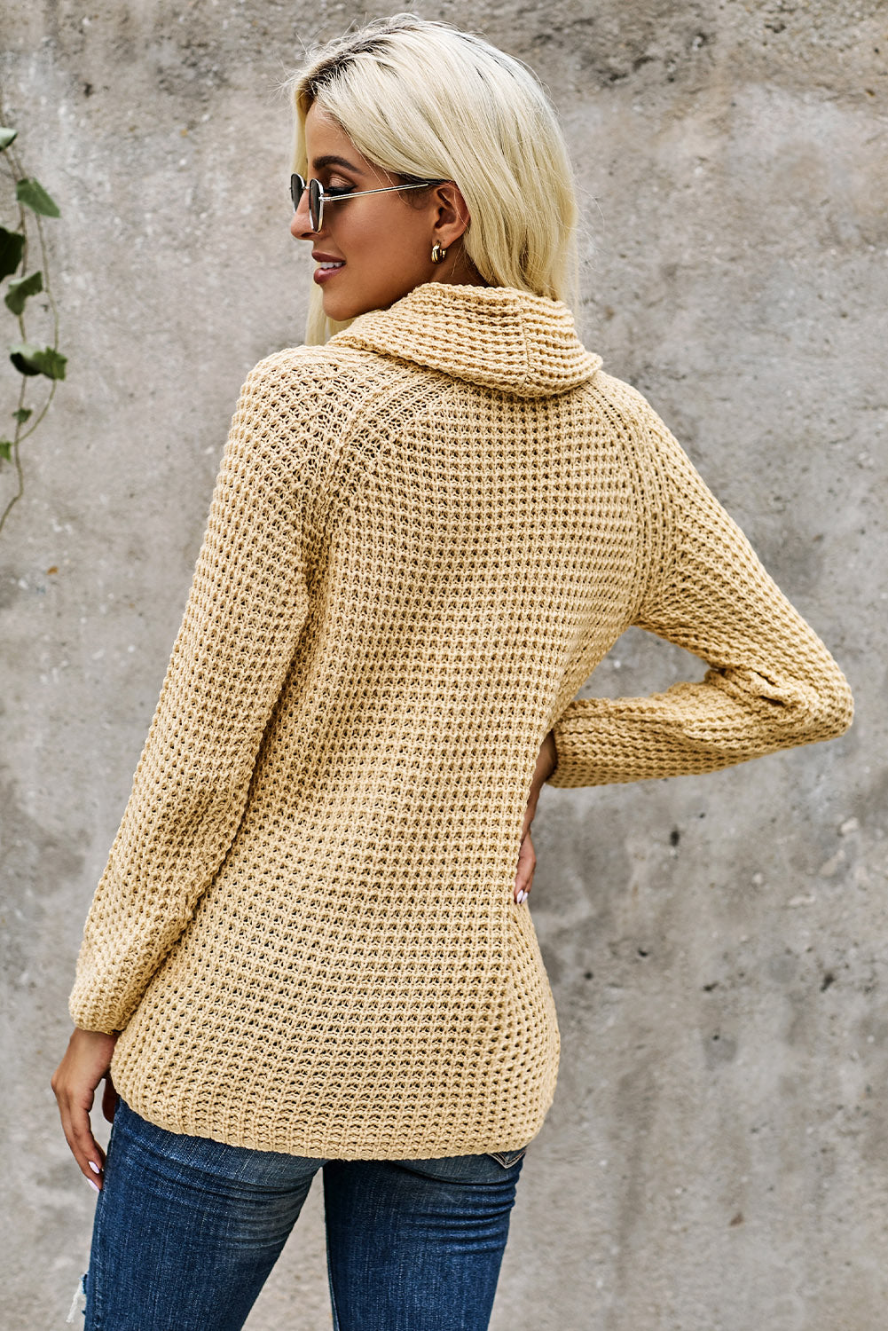 Beige Buttoned Wrap Turtleneck Sweater